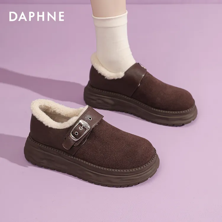 达芙妮加绒保暖棉鞋女2025新款冬季厚底增高乐福勃肯鞋雪地靴百搭