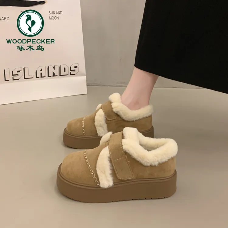 啄木鸟厚底魔术贴雪地靴女2025新款冬季外穿加绒加厚保暖勃肯棉鞋