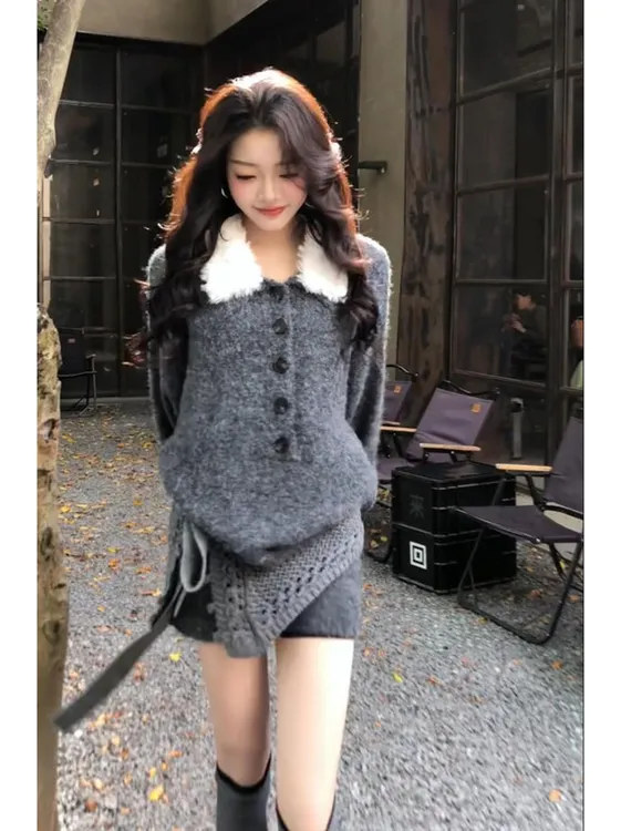 冬季新款气质氛围感毛领纽扣套头毛衣修身显瘦针织短裤两件套装女