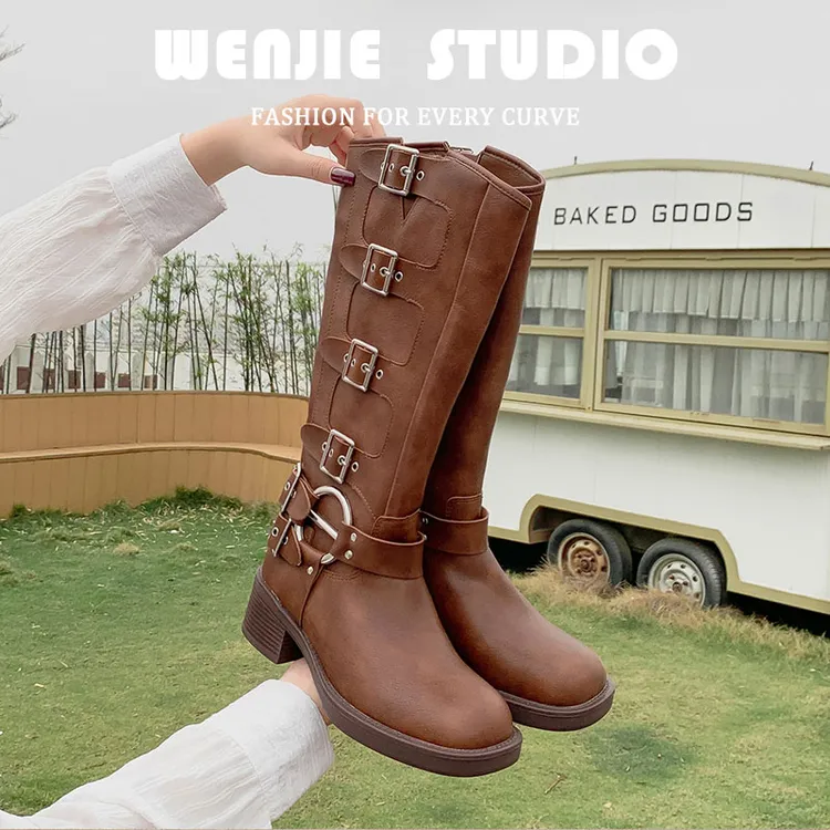 热巴同款西部牛仔靴2025新款复古侧扣粗跟显瘦长靴大码41码长筒靴