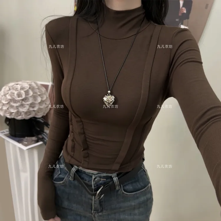 2025新款磨毛秋冬打底纯色半高领设计款纯欲性感风T恤1078