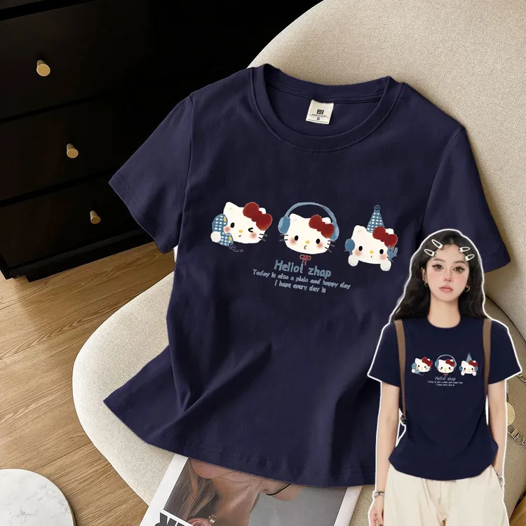 【ZHAP】2025夏季新款正肩短袖女卡通动漫kitt多巴胺印花百搭上衣