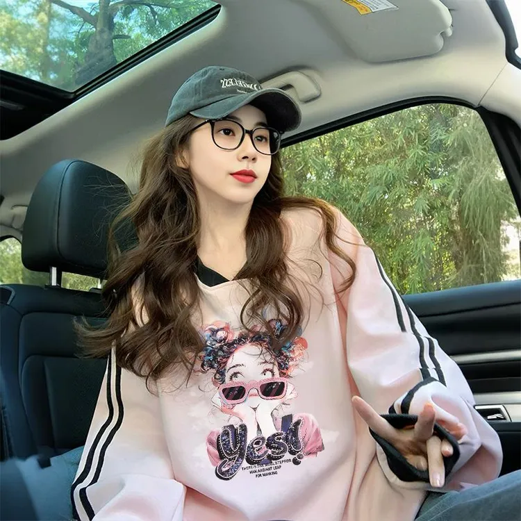 美式复古oversize粉色V领设计感卫衣女chic潮牌洋气宽松显瘦上衣