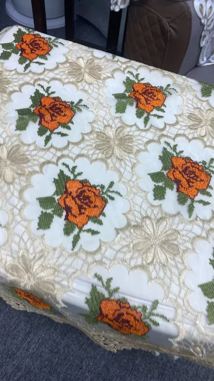 橙色玫瑰十字绣桌布盖巾