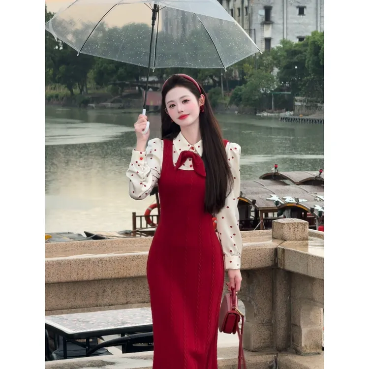 【甜心欧蕾】<77>甜美风波点衬衫+针织连衣裙XMZH6084