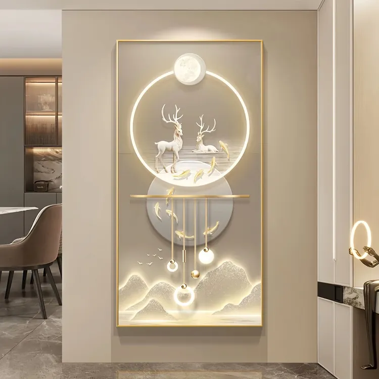 现代简约九鱼麋鹿竖款镶钻晶瓷客厅入户门装饰画