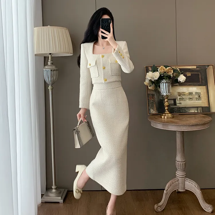 秋季名媛时尚小香风方领短款外套上衣女套装气质高腰半身裙两件套