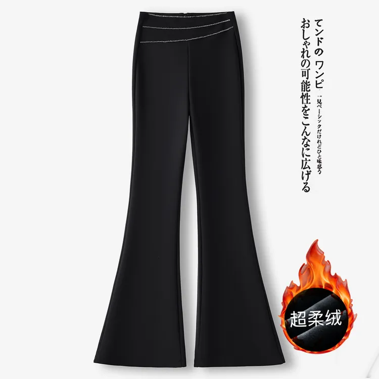 拉夏贝尔设计感小众斜边马蹄裤女2025秋冬弹力显瘦加绒垂感微喇裤