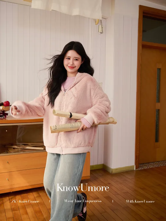 知葵微胖定制【桃桃奶昔】秋冬韩系甜美双面穿连帽宽松毛毛外套0267