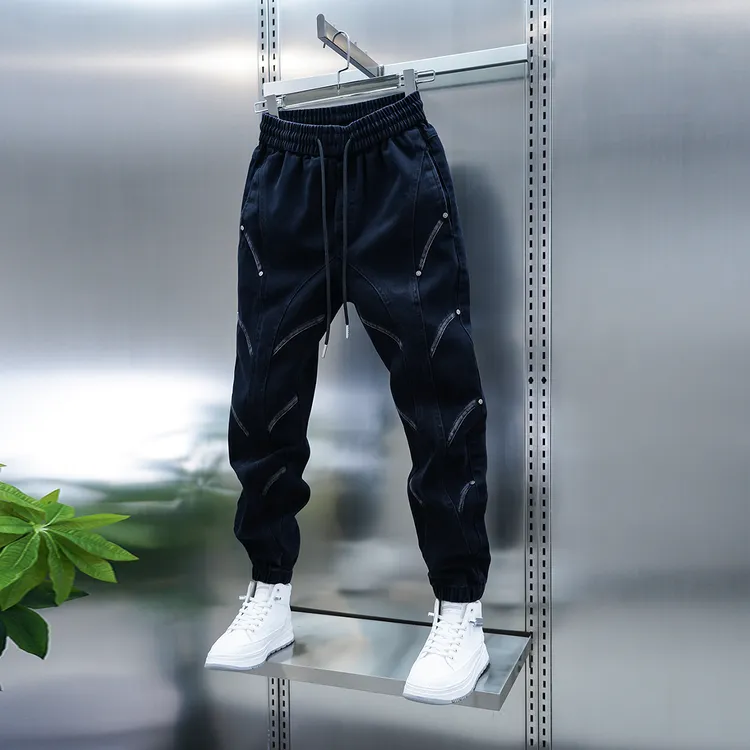 潮流男士新款拼接束脚休闲裤水洗渐变色小脚裤时尚潮牌个性长裤子