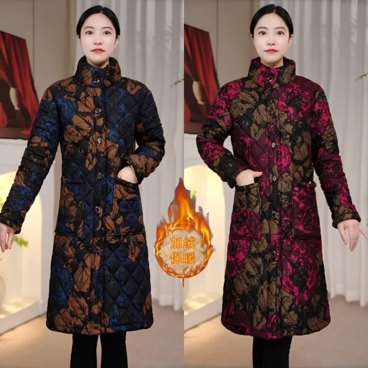 冬季新款加绒加厚棉衣大码中老年棉服保暖中长款棉袄外套7338