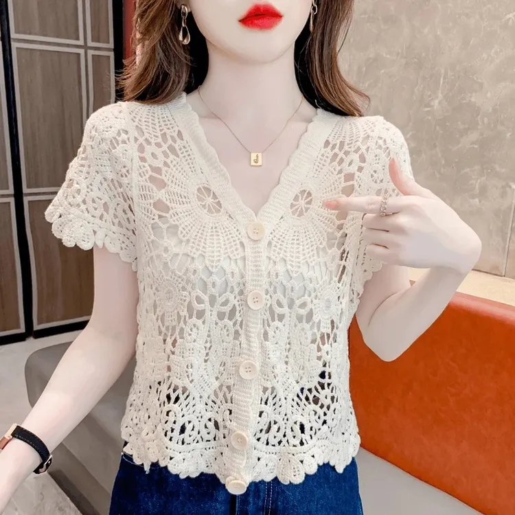 镂空针织衫上衣女夏2025年夏季新款恤洋气独特别致外披开衫女
