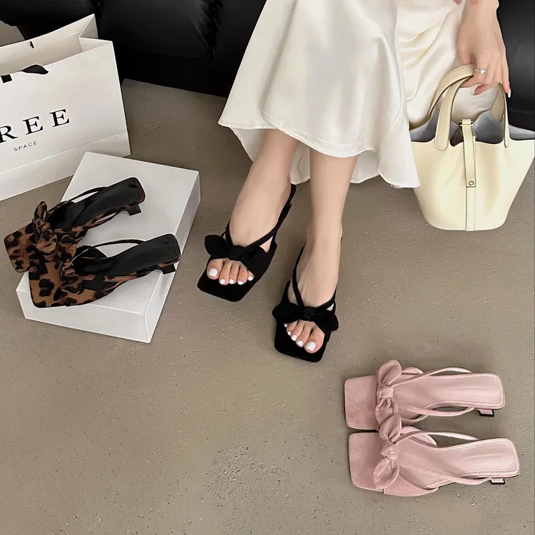 2025春夏新款低跟一字拖方头蝴蝶结细跟中跟拖鞋豹纹半拖凉拖女鞋