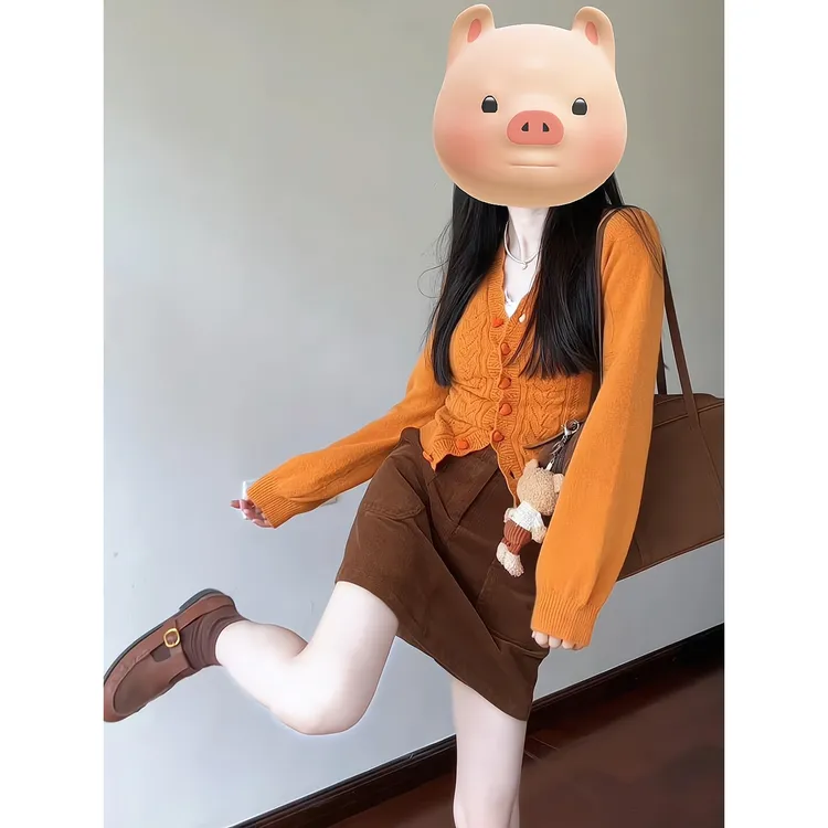 镂空钩花v领针织开衫外套修身显瘦软糯毛衣半身包臀裙短裙一步裙