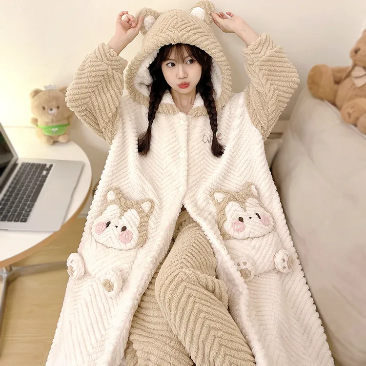 【一整套】睡袍女秋冬珊瑚绒加绒加厚卡通连帽新款睡衣