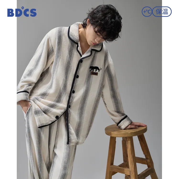 半岛城市法兰绒厚款冬季睡衣家居服套装加厚加绒长袖宽松男女同款