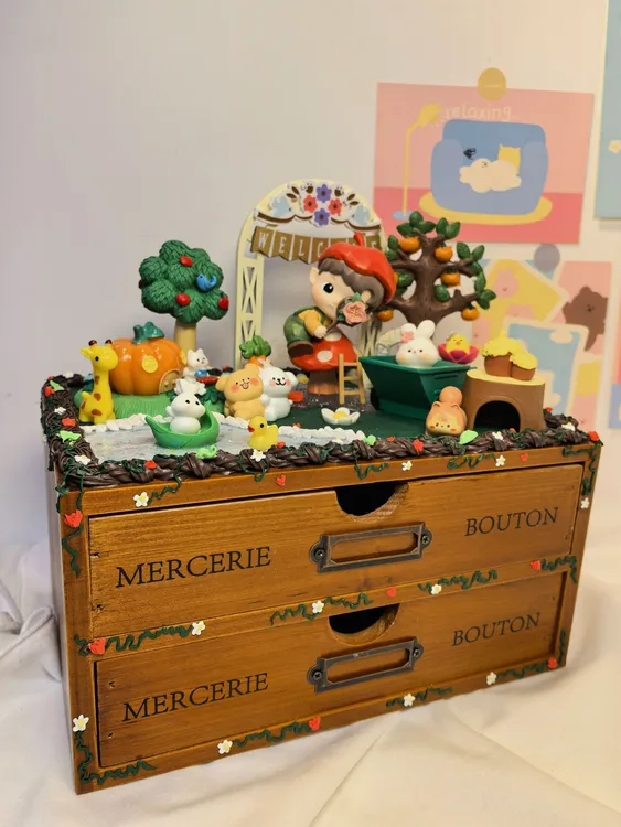 手工潮玩创意DIY奶油胶双层木质造景收纳抽屉