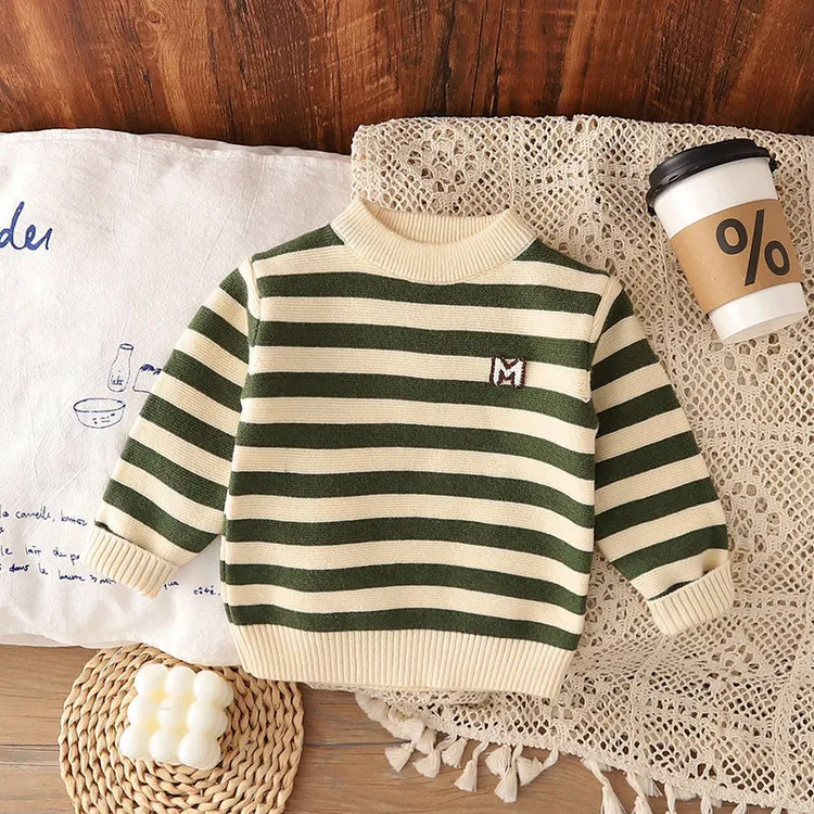针织衫套头加绒加厚款毛衣男童长袖常规男圆领条纹