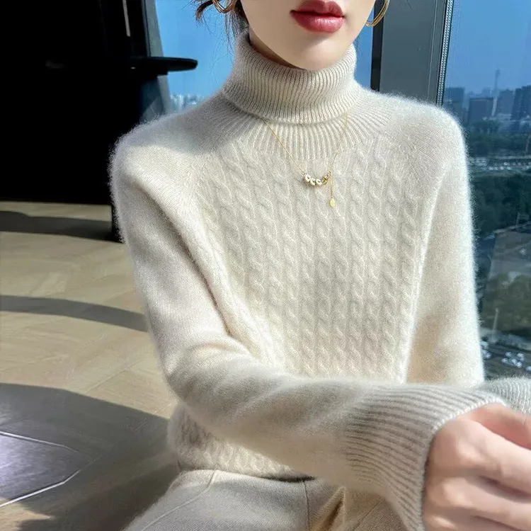 2025新款100羊绒衫女秋冬季厚款高领打底衫两翻堆堆领针织毛衣女