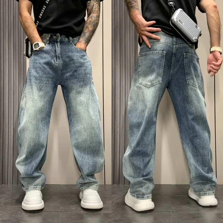 秋季新款男水洗牛仔裤韩版修身高街美式复古弯刀裤宽松百搭直筒裤