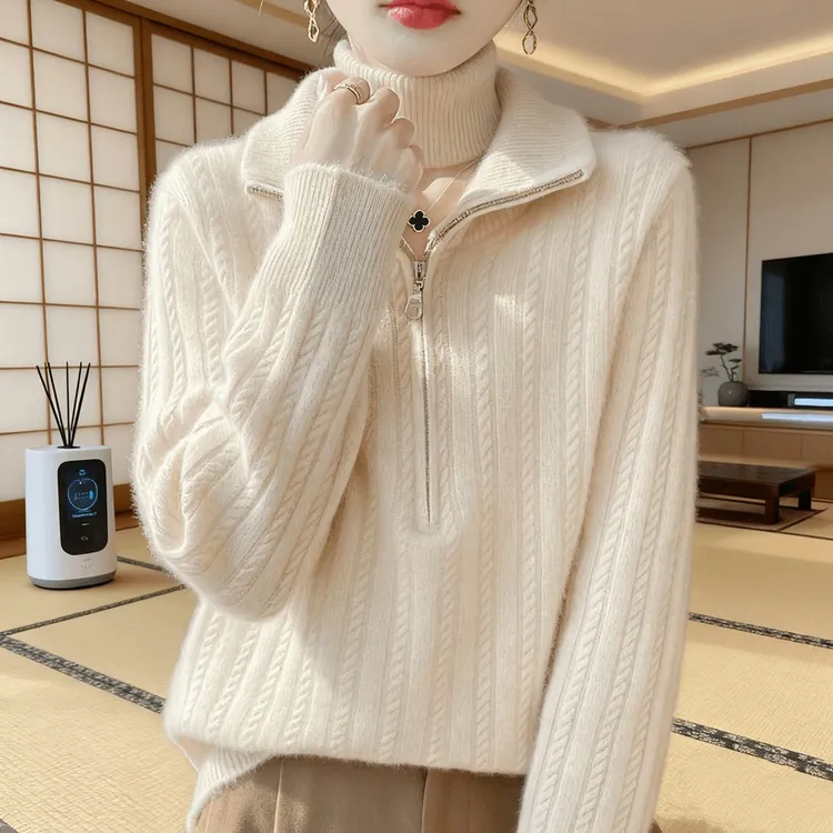 鄂尔多斯市羊绒衫女款半拉链半高领时尚减龄厚款毛衣针织羊毛衫女