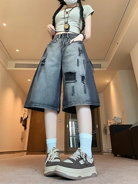 美式高街水洗做旧破洞牛仔短裤男女同款夏季宽松直筒阔腿七分裤子