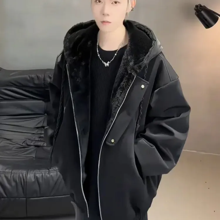冬季加绒加厚美式夹克连帽皮衣男座山雕显瘦宽松情侣棉服保暖外套