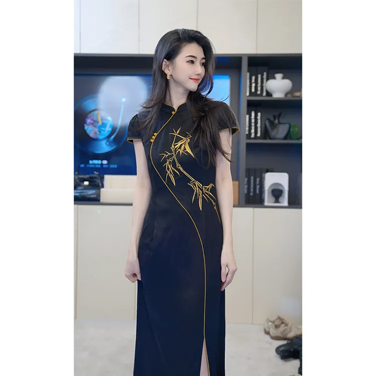 小乖逃25新中式国风黑色竹子旗袍立领盘扣连衣裙J0002