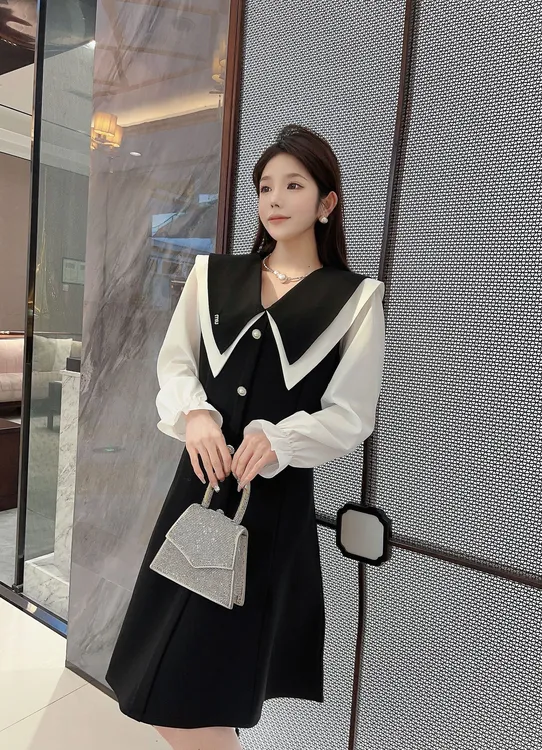 黑白撞色拼接双领韩版胖MM大码连衣裙2587#