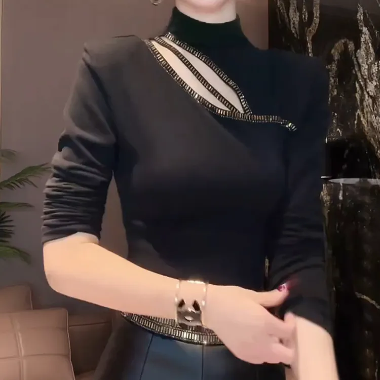 镂空烫钻气质长袖T恤设计感打底衫洋气百搭上衣显瘦半高领修身