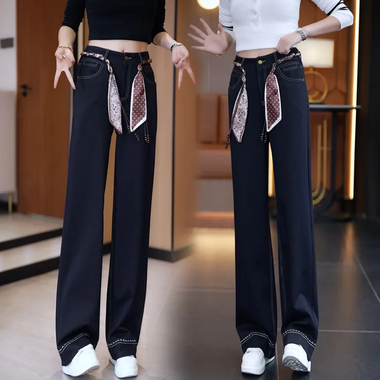 2025秋冬绣花牛仔裤直筒高腰弹力丹宁蓝加绒宽松防掉色窄版阔腿裤