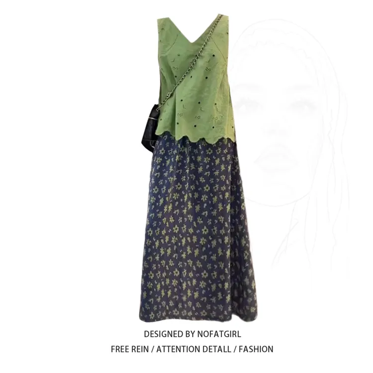 大码胖MM韩系chic绿色镂空背心碎花半身裙2025超火夏装的两件套装