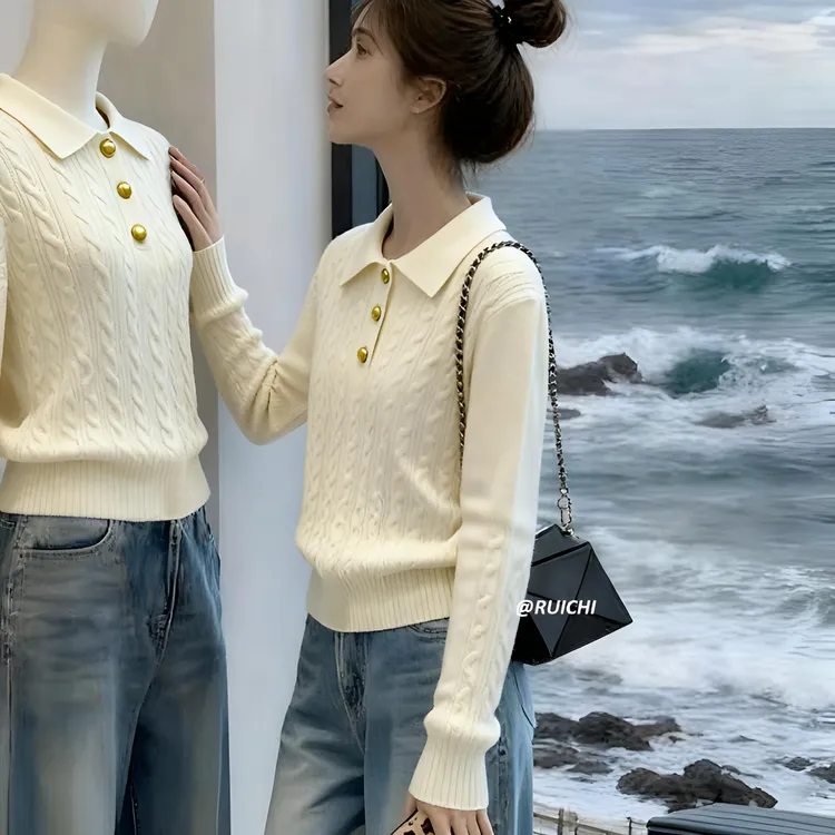 韩系休闲风2025秋冬新款POLO领纽绳金属扣设计针织衫内搭打底上衣