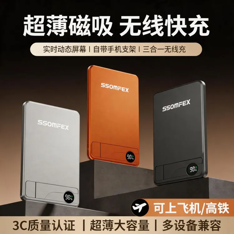 【3C认证可上飞机】SSOMFEX素斐超薄智能屏磁吸外接电池无线快充商品图