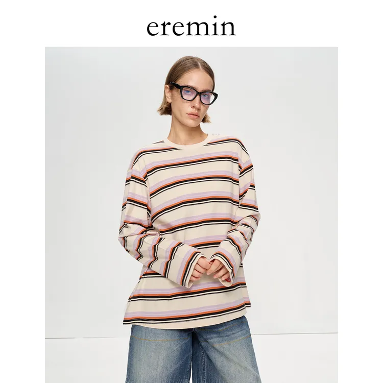 DE Mincollection条纹彩T/柔软棉松弛感彩色条纹圆领休闲T恤40073