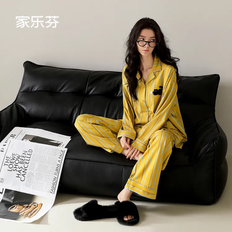 家乐芬睡衣女士春秋季纯棉长袖家居服小黑猫印花条纹时尚开衫套装