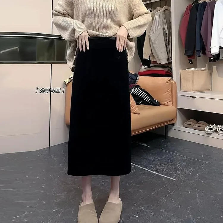 秋冬新款黑色大码金丝绒开叉裙半身裙小a版型显瘦高腰松紧弹力裙