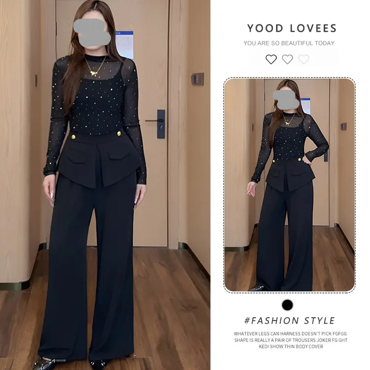 高级感洋气显瘦套装御姐烫钻长袖打底衫女西装长裤2025春秋季穿搭