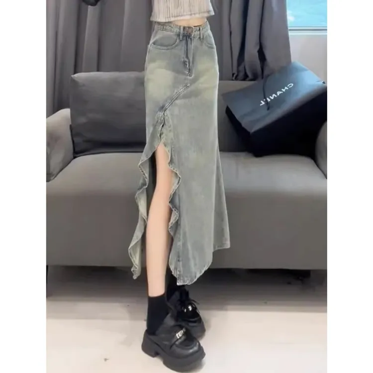 美式不规则牛仔鱼尾半身裙女春季高腰包臀裙小个子a字荷叶边半裙