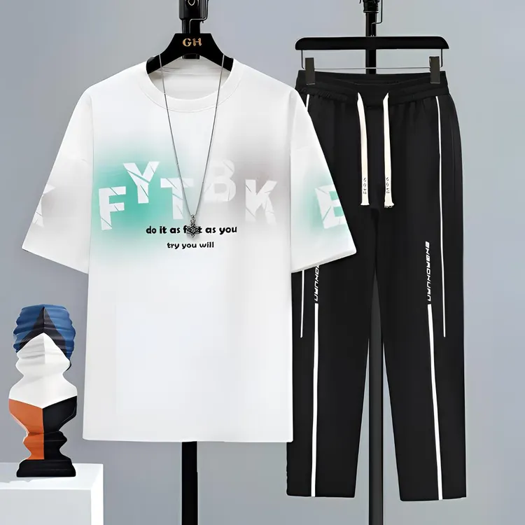 青少年夏装帅气大童九分袖休闲运动套装初高中学生冰丝短袖t恤男