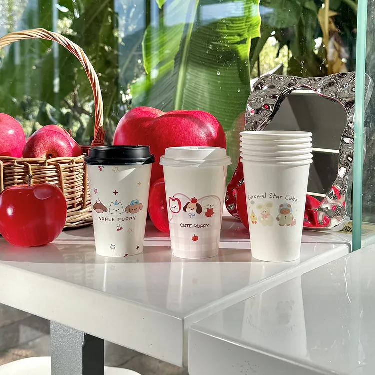 加厚一次性单层可爱纸杯水杯家用带盖冷饮杯子l热饮自制咖啡杯