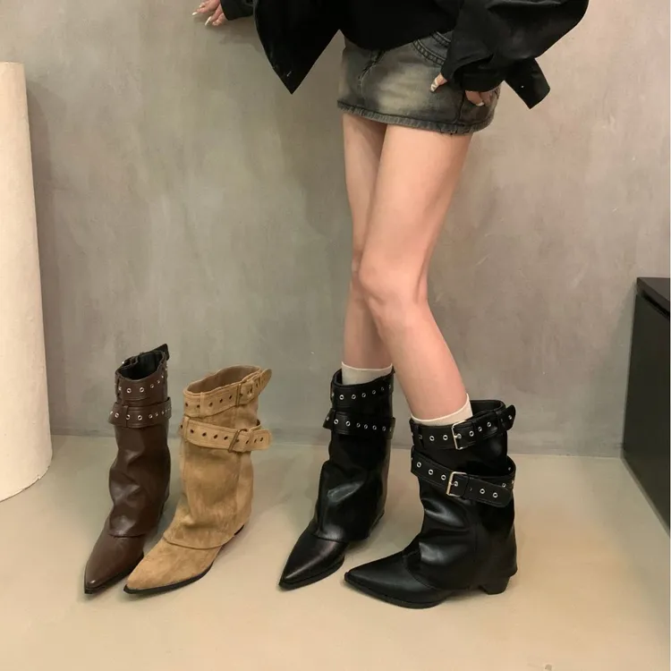 XSJ皮带扣裤管靴短筒靴女靴早秋新款小众设计短靴西部靴
