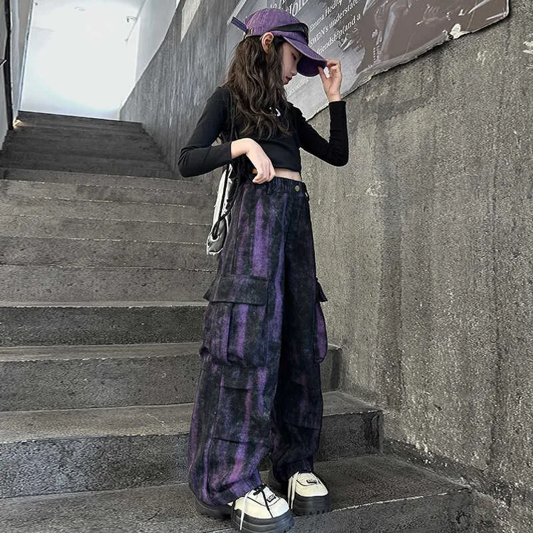 春秋女童长裤百搭休闲裤大童嘻哈扎染直筒工装迷彩裤韩版宽松炸街