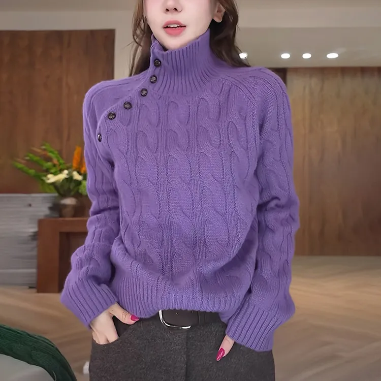 紫色高领麻花毛衣女士秋冬新款慵懒高级感宽松显瘦加厚针织衫上衣
