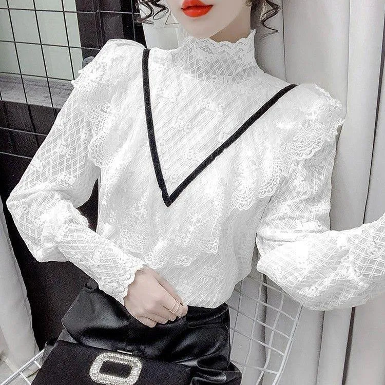 织花高领蕾丝荷叶边加绒打底衫2025秋冬新款时髦设计感长袖女