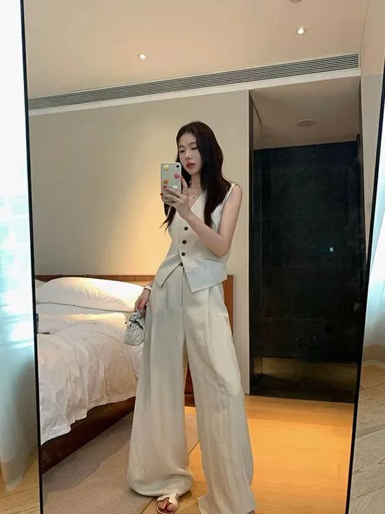 【银子专属】高个子加长亚麻天丝老钱风无袖马甲＋高腰阔腿裤两件套