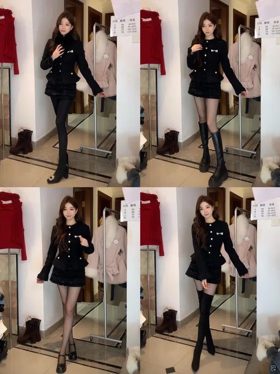 法式名媛毛毛领拼接蝴蝶结外套女秋冬高腰公主蓬蓬裙