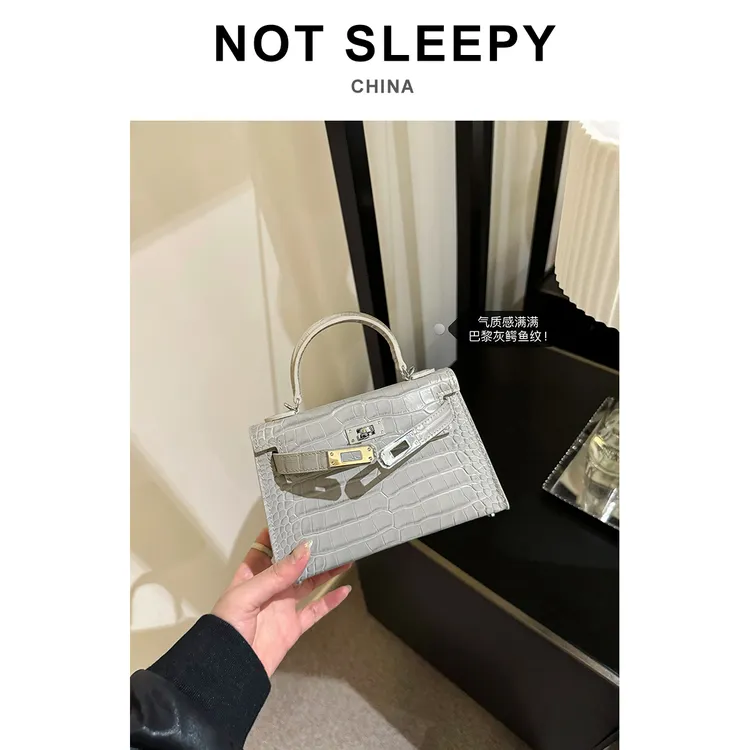 【不睡觉商店】斜挎包高级感灰色鳄鱼纹真皮二代凯莉包包女2025新款