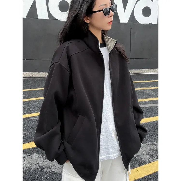 美式重磅开衫卫衣男秋冬季设计感cleanfit千鸟格外套宽松立领夹克