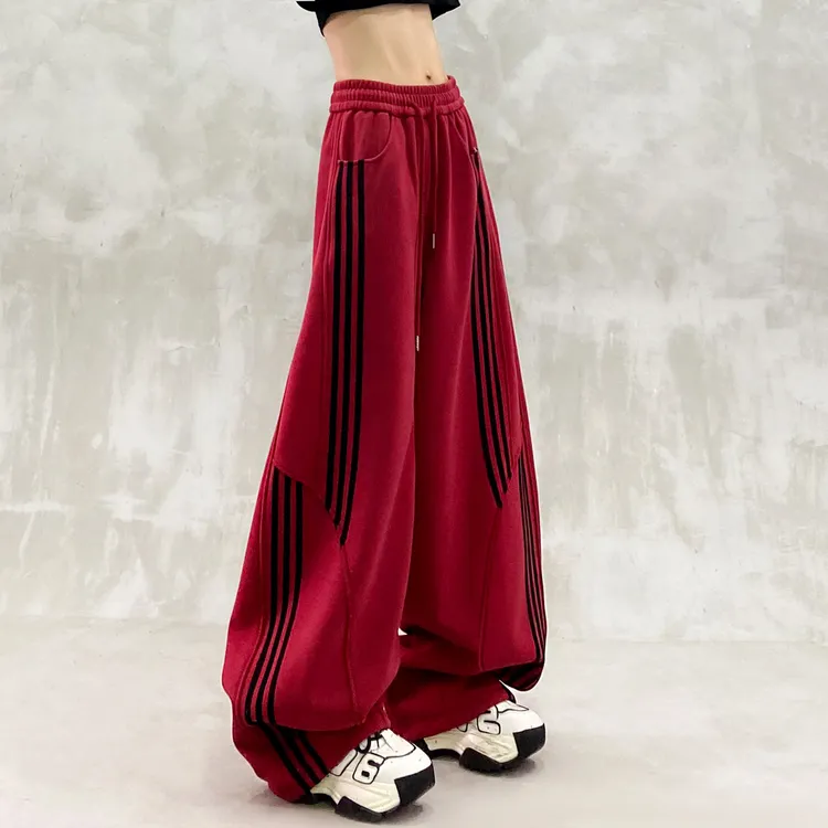 帅气条纹拼接设计加绒休闲弯刀裤女冬新款高腰宽松显瘦百搭香蕉裤